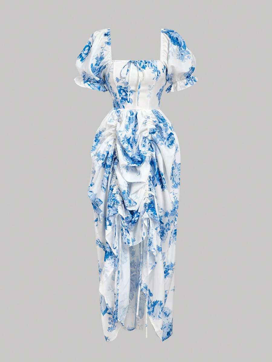 SHEIN MOD Váy Maxi Tay Phồng In Họa Tiết Cổ Điển Có Dây Rút Và Riềm Xếp Nếp Tinh Tế, Có Thể Điều Chỉnh Chiều Dài Viền Váy, Phong Cách Cung Điện Tuyệt Đẹp, Trang Phục Cho Ngày Hẹn Hò, Tiệc Tùng, Ngày Lễ, Tiệc Trà, Sinh Nhật - Màu xanh lam - Xem 1