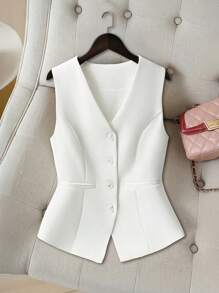 SHEIN PETITE Women's High-End V-Neck White Retro Fashion Fitted Cropped Vest Tank Top, Summer