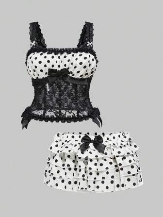 Grunge Punk Plus Size Women Y2K Polka Dot Contrast Lace Two Pieces Set