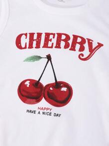 SHEIN Sparklyn 少女休闲白色字母和樱桃印花背心 + 黑色直筒工装裤 2 件套，春夏 - 紅色 - 查看 7