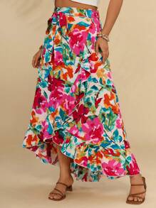 Travachic Plus Allover Floral Print Ruffle Trim Wrap Knot Side Summer Skirt - Multicolor - View 4