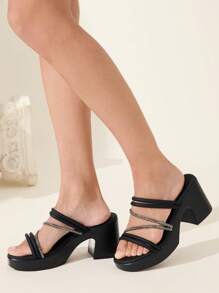 CUCCOO CHICEST Women Rhinestone Embellished Multi-Strap Square Toe Platform High Heel Sandals, Elegant Fashion Forward Black Ladies High Heels For Summer, Party, Beach, Music Festival, Club