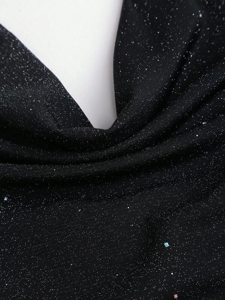 Sweetra Petite Women Glittery Metallic Knit Halter Neck Cropped Cami Top, Sexy Fitted Bodycon Top For Going Out - Black - View 3