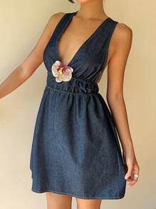 Aloruh 女式深V领露背系腰牛仔连衣裙，夏季度假风格 - 藍色 - 查看 1