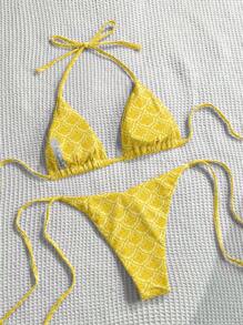 Swim Mod Vacation Beach Patterned Random Print Yellow Bikini Swimwear For Summer - Yellow - View 2