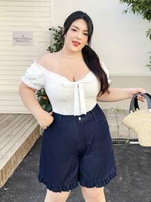 Rivivi Quần short denim viền bèo nhún cỡ lớn cho nữ mùa hè - Rửa tối - Xem 3