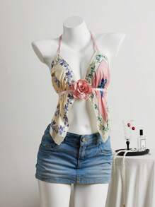 Elamini Women's Summer Lace-Up V-Neck Backless Floral Pattern Decorated Vacation Camisole