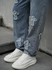 Manfinity Hypemode Men's Casual Washed Cross Patch Denim Jeans, Ripped Baggy Jeans Men, Loose Jeans Pants For Men, Manfinity Legnd Men Cotton Splash Ink Ripped Jeans