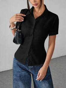 SHEIN PETITE White Women's Shirt Waist Cinch Pleated Short Sleeve Shirt - Black - View 5