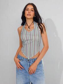 Roylia 女式夏季条纹时尚挂脖背心 - 綠色 - 查看 6