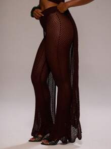 MUSERA 中腰钩针编织喇叭裤，仅作罩衫，适合春夏度假、海滩游泳、优雅可爱性感波西米亚风、伊比沙岛音乐节、假日夜生活、冬季日常晚宴派对穿着。 - 咖啡棕 - 查看 3