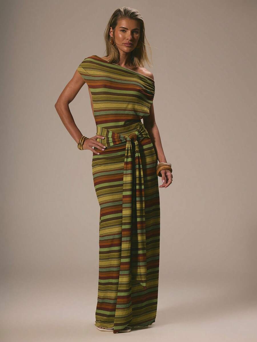Musera Resort Side Stripe Asymmetric Neckline Ruched Maxi Sexy Cover Up Dress Spring Summer Outfit Elegant Holiday - Multicolor - View 1