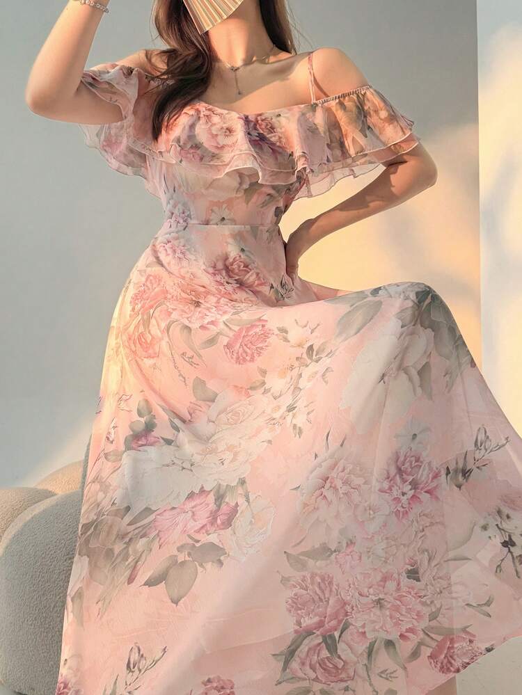 Women's Long One Shoulder Ruffled Hem Floral Print Dress, Summer Birthday Party Outfit,Back To School Clothes Maxi Dress