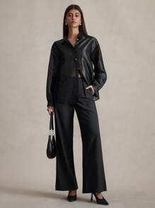 Briarwyn Shiny Loose Solid Front Button Long Sleeve Shirt, Style Summer And Beach 4th Of July Airport