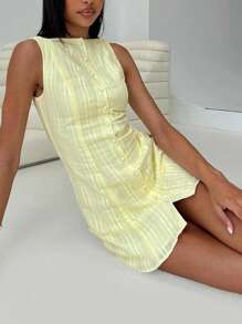 Siren Gaze 假期黄油黄绷带 - 无袖条纹迷你连衣裙前扣提花，2025 年女士夏季连衣裙 - 黃色 - 查看 7