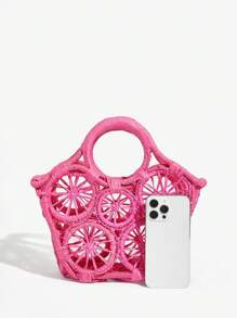 SHEIN SXY Women's Fashionable, Elegant, Simple & Versatile Summer Straw Hollow Handbag, Woven Bag Suitable For Beach, Date, Vacation - Hot Pink - View 5