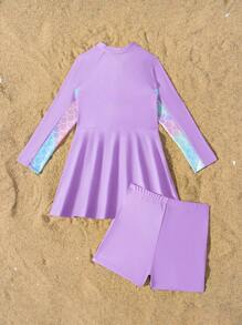 Conjunto de bikini con top tipo camiseta y Bottom para niñas con estampado de escamas de pez y pantalones cortos de unicolor - Multicolor - Ver 4