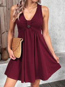 Breezaya Vacation Casual Solid Color Sleeveless Dress - Burgundy - View 1