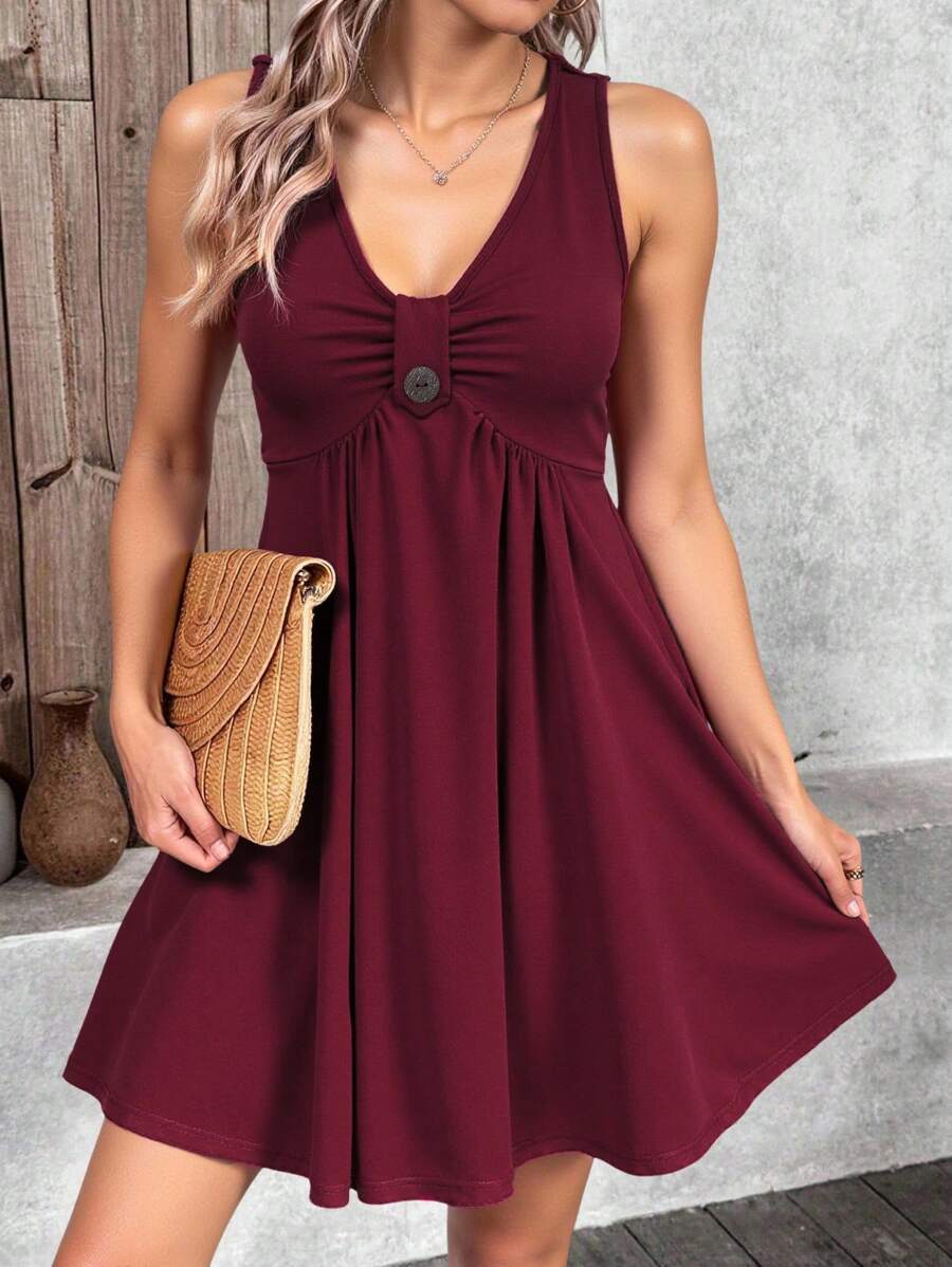 Breezaya Vacation Casual Solid Color Sleeveless Dress - Burgundy - View 1
