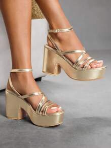 CUCCOO SZL Fashion Gold Strap Thick Bottom Wedge Gold Color High Heels Sandals For Christmas - Gold - View 3