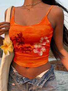 Attitoon Tropical Holiday Style Sunset Orange Island Tie Dye Background, Tropical Floral Placement Print Women Cami Vintage Style, Casual Vacation Style, Sexy Style, Cute Y2K Coconut Girl Boho Music Festival, Suitable For Summer Suitable For Going Out - Multicolor - View 2