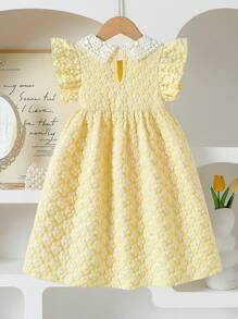 Souflis Souflis 女孩优雅甜美可爱提花面料刺绣彼得潘领盖袖束腰公主裙，适合度假、旅行、生日派对、礼物 - 夏季 - 黃色 - 查看 2