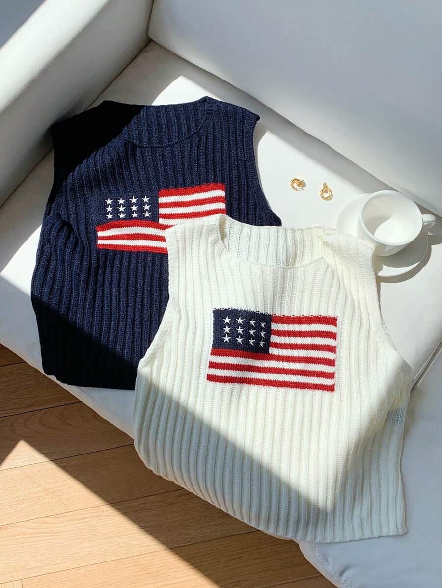 Comfortcana Áo len dệt kim thường ngày 4 tháng 7 của Mỹ, 2 chiếc, Thích hợp cho trang phục dạo phố hàng ngày, giản dị và đa năng vào mùa Thu/Đông - Xanh và trắng - Xem 1