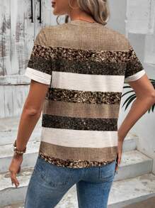 SHEIN LUNE 休闲条纹圆领女式T恤，适合夏季 - 彩色 - 查看 2