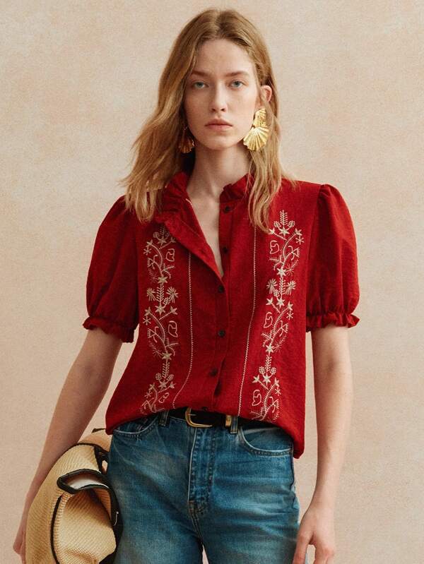 Écloséra Fashionable And Elegant Daily Versatile Frill Short Sleeve Accordion Edge Embroidery Red Women's Spring And Summer Shirt Top