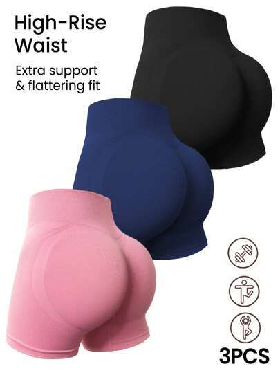  Easithlete 3pcs/Set Sports Shorts, Black Elastic Waist Shorts, Pink High-Waist Slimming Shorts,3 PCS Women's Solid Color High-Waisted Everyday Workout ShortsWomen Sweat Short, Gym Short, Biker Short,Summer