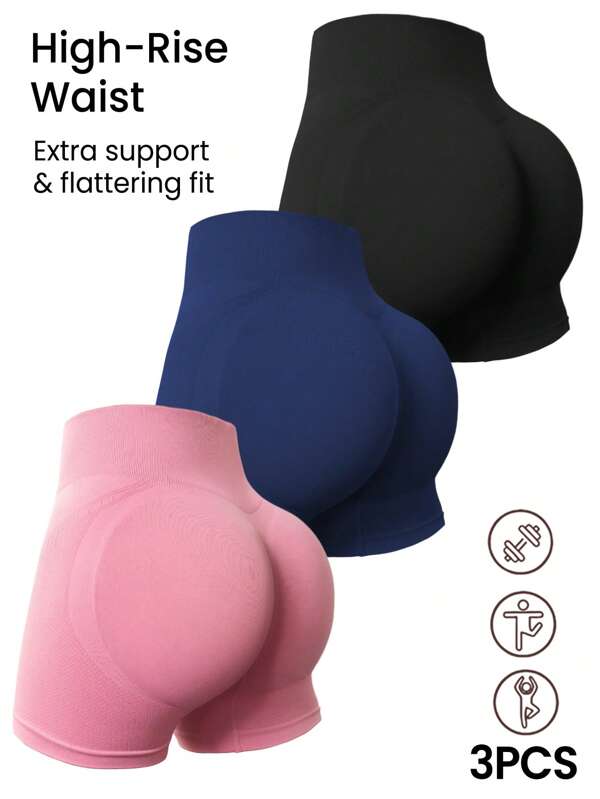 SHEIN Sport Studio Set de 3 shorts deportivos, shorts negros de cintura elástica, shorts rosa de cintura alta adelgazantes