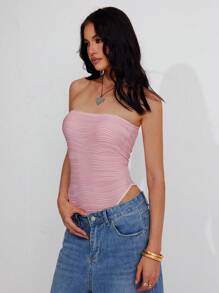 Roylia Women's Spring/Summer Vacation Textured Knit Vertical Striped Elastic Figure-Hugging Bodysuit - Pink - View 5