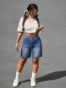 SHEIN PETITE Quần short denim thường ngày tua rua màu tương phản dành cho nữ - Màu xanh lam - Xem 6