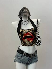 Attitoon Women's Casual Lip Print Halter Neck Backless Tight Tank Top, Suitable For Summer, Music Festivals, Rocker Style Back To School - Multicolor - View 7