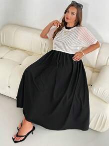 SHEIN Essnce Ple-Size 女士夏季两件套夏季休闲套装连衣裙衬衫套装短袖套装黑色长裙两件套 - 黑色 - 查看 4