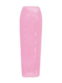 Swim Chiccia Váy đi biển cổ Mandarin trơn màu cho nữ, chân váy chữ A xẻ cao có họa tiết sao biển bằng kim loại - Hồng - Xem 4