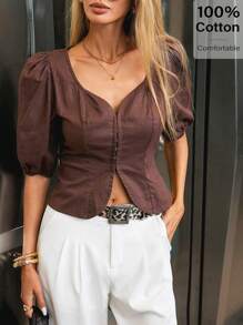 Siren Gaze 2025年女士纯色鸡心领泡泡袖时尚衬衫。适合海滩度假、通勤、生日和约会