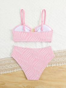 Tween Girls Bikini Set, Pink Special Fabric Chest Metal U-Ring Split Swimsuit, Fashion Casual Elegant Suitable For Swimming, Vacation, Summer Young Girls Sets Swim Suits For Women Swimsuits For Woman Bathing Suits For Teens Sets Swimming Suits For Woman - Pink - View 2