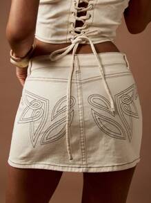 MISSGUIDED Western Embroidered Mini Denim Skirt With Stud Details Festival Concert Party High Waisted Embellished Cowgirl Y2K Retro Style - Khaki - View 5