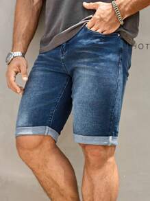 Manfinity Homme 男士休闲水洗贴袋牛仔短裤，夏季 - 深色水洗藍 - 查看 5