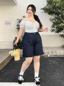 Rivivi Quần short denim viền bèo nhún cỡ lớn cho nữ mùa hè - Rửa tối - Xem 6
