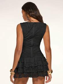 SHEIN BAE White Lace Floral Cake Tiered Culottes Sleeveless Ruffled Mini Dress Summer Holiday Boho Style, Elegant, Beach Holiday,Western Wear Women,Ibiza Outfits , Rave Outfits , Concert Outfit Women,Club Outfits Women Sexy,Boho Clothes Women - Black - View 2