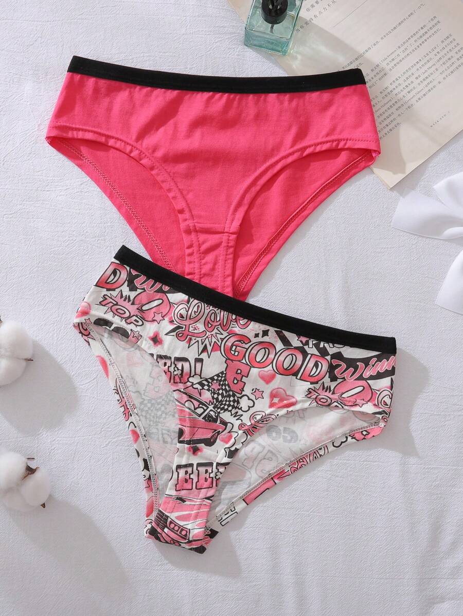 2pcs Girls Cute Colorblock Race Car Print Underwear, Teen - Pink - View 1
