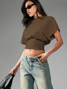 MISSGUIDED 褶皱腰短款上衣宽袖紧身胸衣后背短袖夏季节日秋季套装现代设计 T 恤