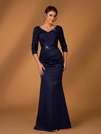 Serin Elegant Luxurious Sequins Embroidered Satin V-Neck 3/4 Sleeve Ruched Mini Mermaid Dress, Suitable For Formal Parties, Dates, Vacations, Galas, Weddings, Bride Mother Formal Gowns