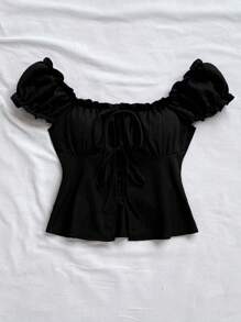 Soleia Ruffled Trim Casual Vacation Young Textured Tied Blouse Black Off Shoulder Top Black Summer Top Cute Black Top Black Tie Front Top Ruffle Top - Black - View 4