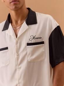 Musero Satin Two Tone Slogan Pocket Detail Button Up Shirt Spring, Summer, Holiday, Vacation - Black and White - View 2