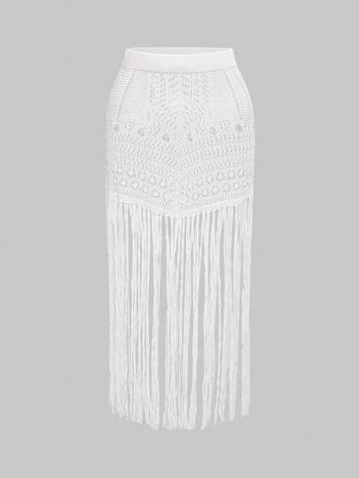 Women's Hippie Vacation Casual Beach Romantic Tassel Crochet Knit Skirt