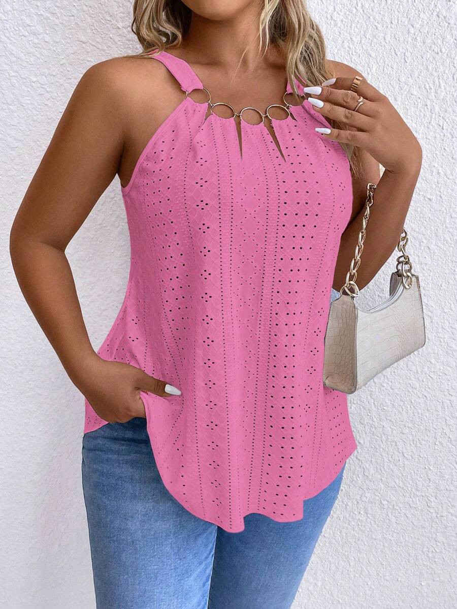 SHEIN LUNE Plus Size Women Vacation Burnout Embroidered Circle Connect Camisole - Hot Pink - View 1