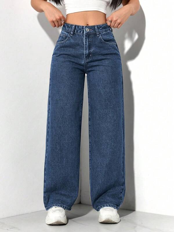 SHEIN PETITE Jeans de mujer casuales y anchos con bolsillos, de pierna ancha